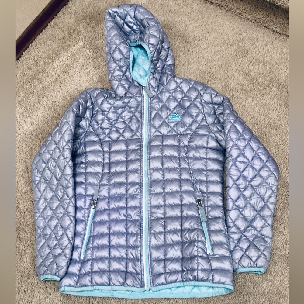 SNOZU | Girl’s Winter Coat | Size L 14-16 | Silver and Teal | Hooded | Quilted